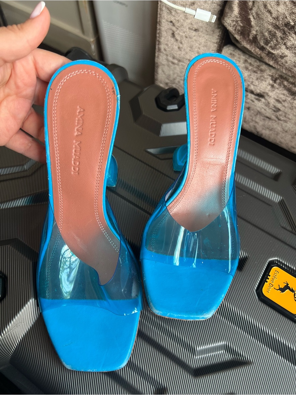 Amina Muaddi Blue Clear Strap Slide Mules